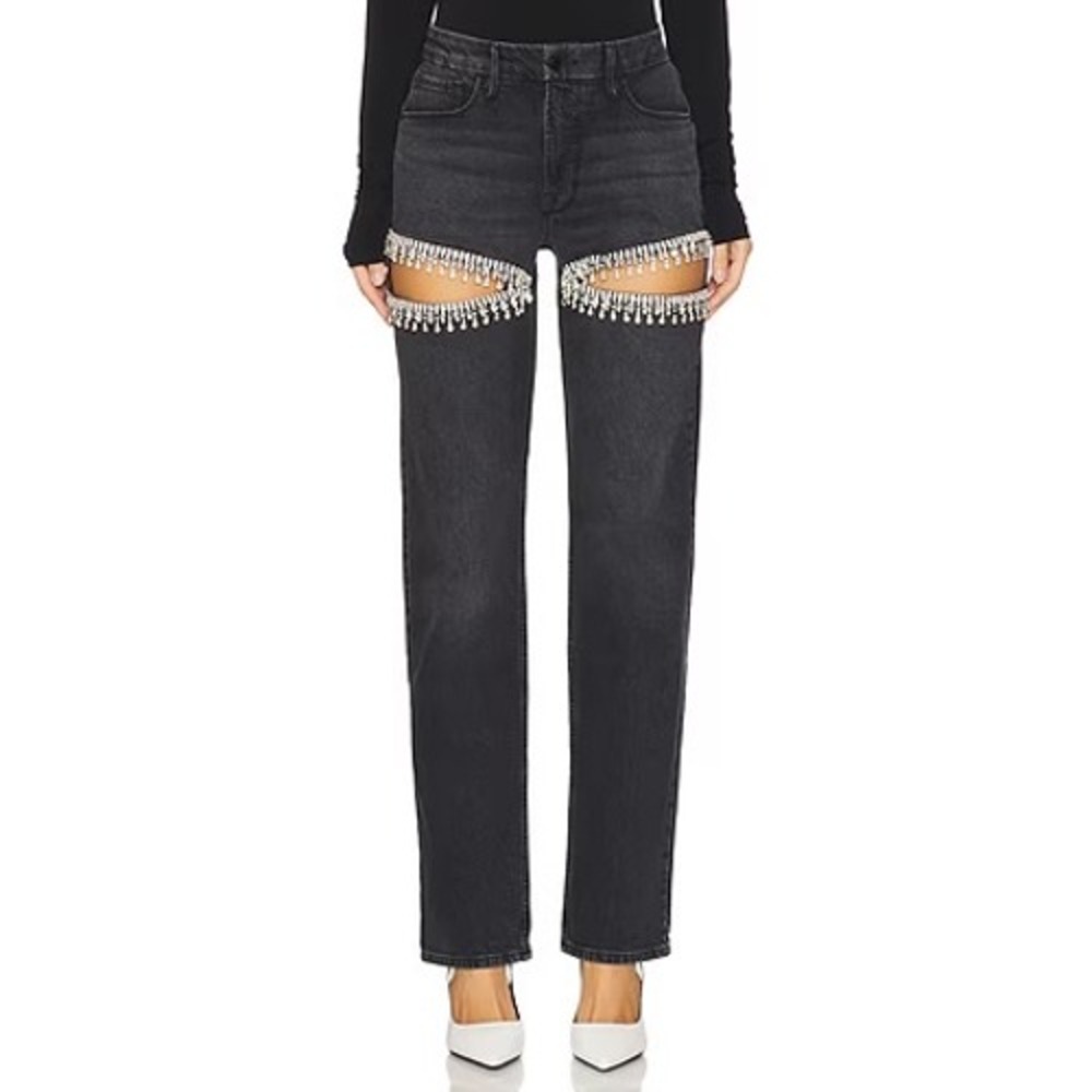 Good American Good Icon Straight Diamond Jeans Black Rhinestone Cutout 12/31